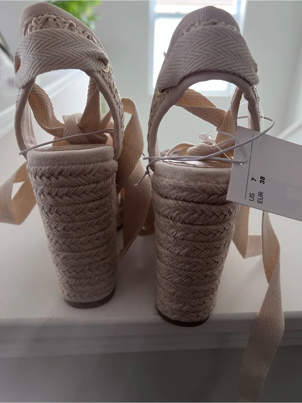 Cream Espadrille Wedge Sandals with Ankle Tie